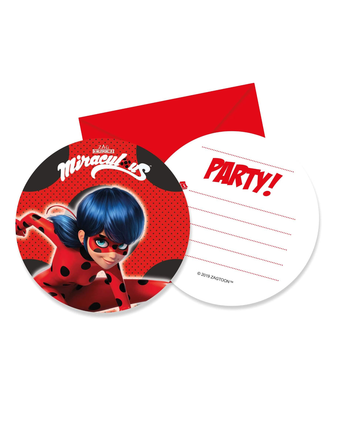6 cartons d'invitation avec enveloppes Miraculous Ladybug pour enfant rouges