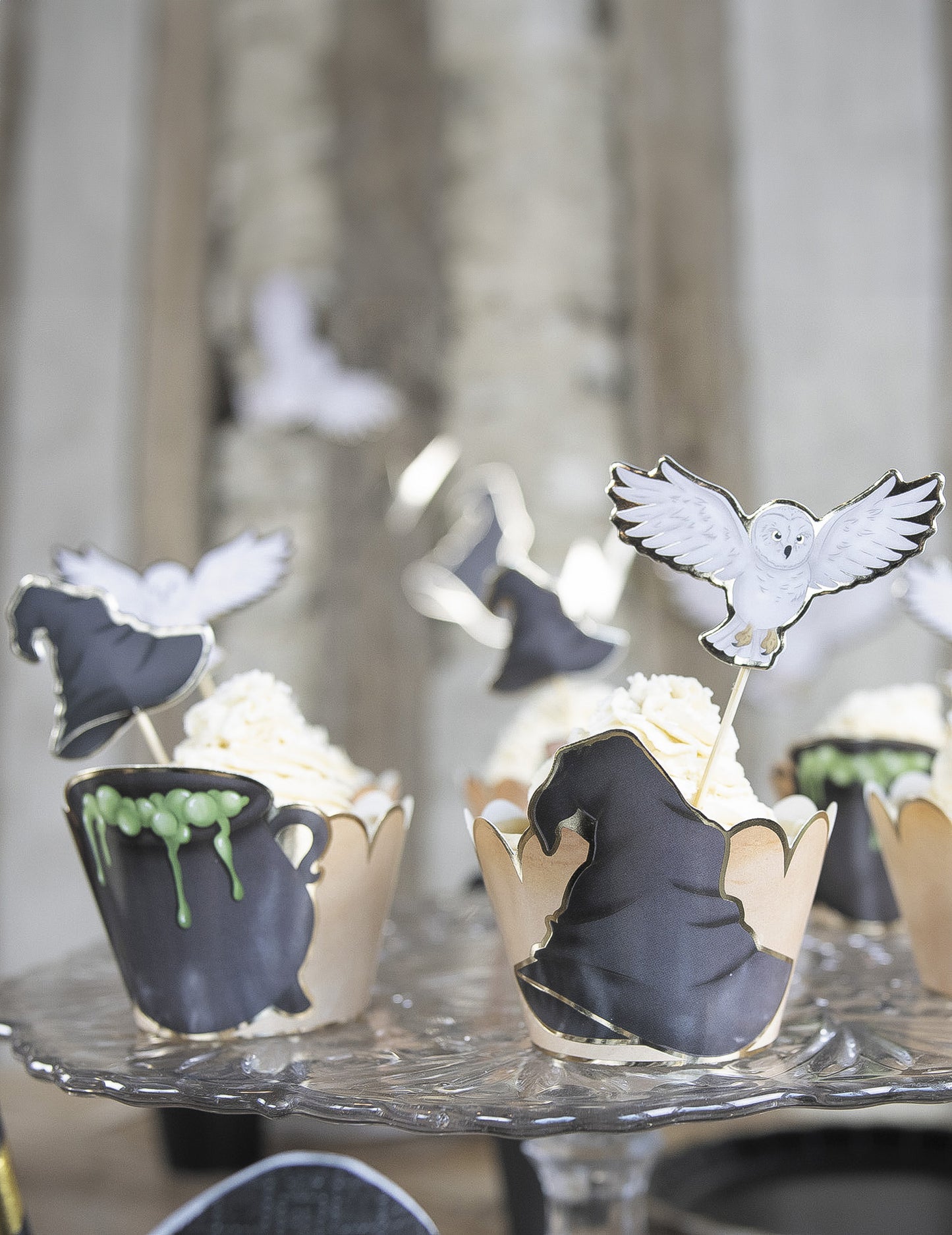 Gros plan sur le chaudron et le chapeau des décorations pour gâteau apprenti sorcier