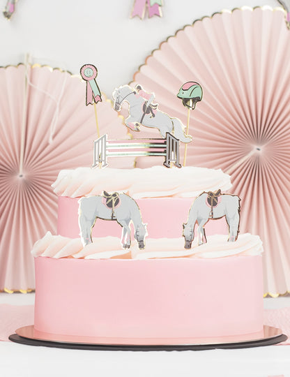 6 décorations pour gâteau cheval et équitation rose et pastel