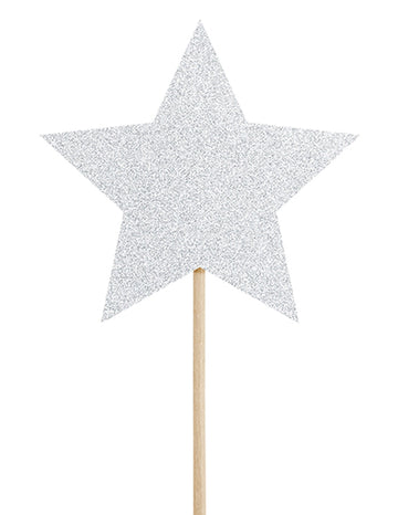 6 сребърни блестящи топери за торта със звезди на клечки 11.5 cm за рожден ден