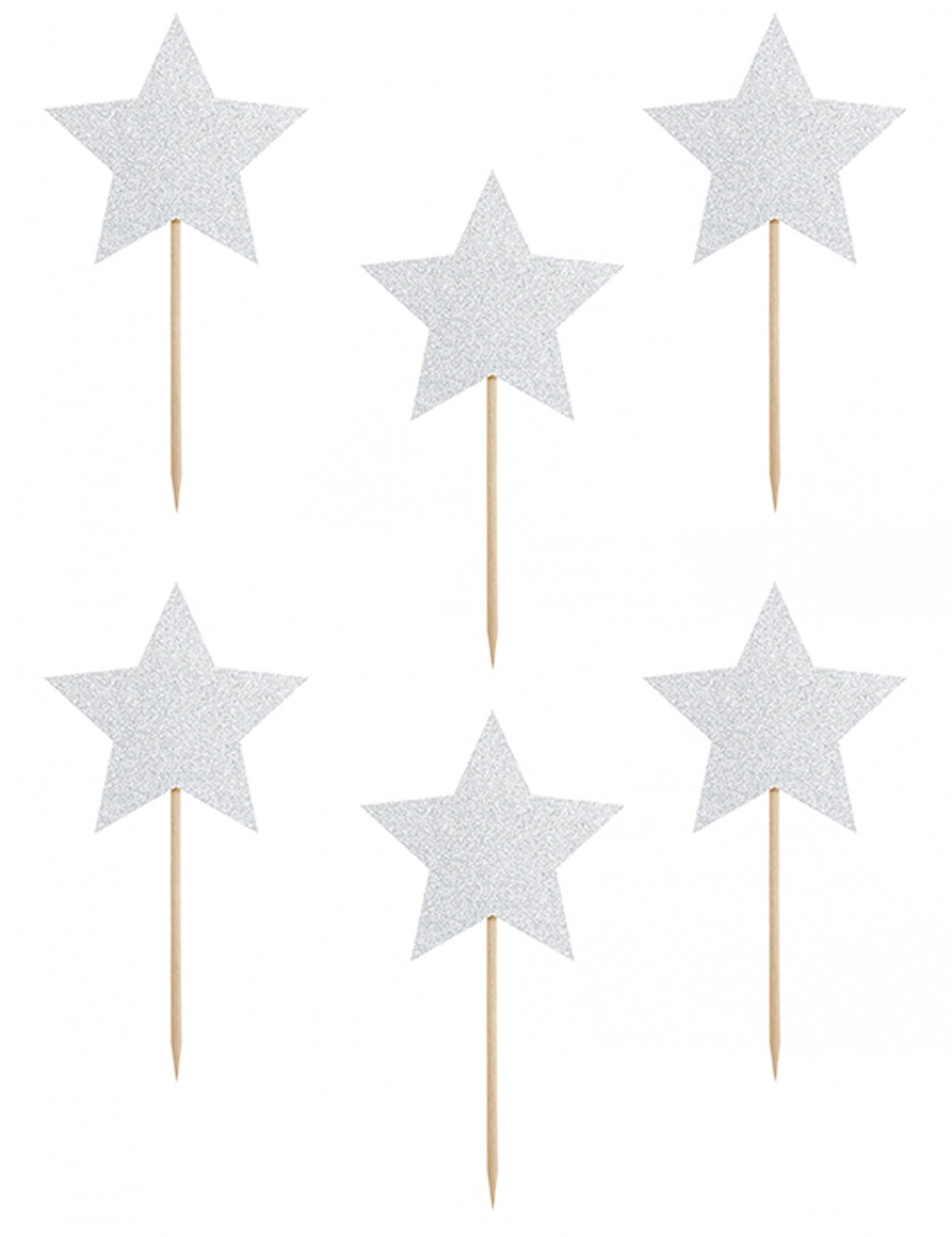 Lot de 6 de la décoration pour gâteau sur pique étoile pour anniversaire argent pailleté