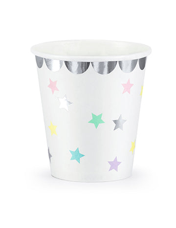 6 звездовидни картонени чаши сребърни пастелни цветове, 180 мл