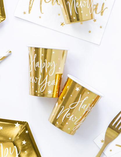 6 метални златни картонени чаши с шарка на звезди "Честита Нова Година", 220 мл