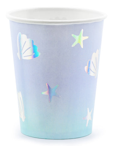 Gobelet en carton licorne des mers bleu iridescent avec coquillages et étoiles de mer