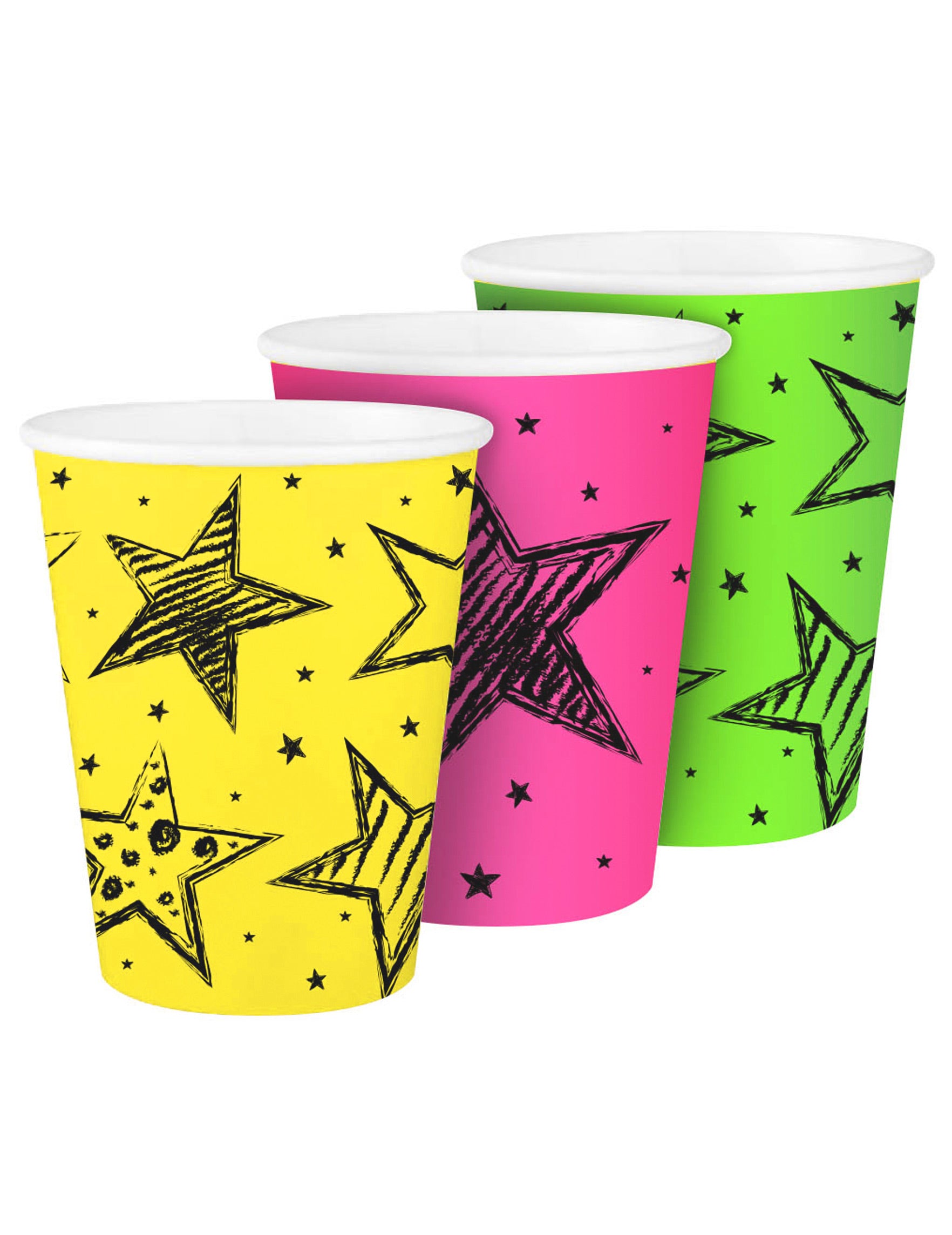 Gobelets en carton neon party pour fête jaune rose et vert avec étoiles fluo
