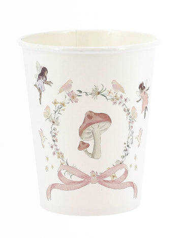 Gobelets fée pour anniversaire blanc et rose pastel avec motif champignon