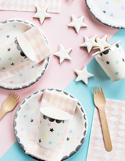 6 звездовидни картонени чаши сребърни пастелни цветове, 180 мл