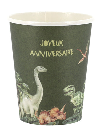 6 чаши с динозавърска тема „Честит рожден ден“, зелен картон, 255 мл, тема джунгла