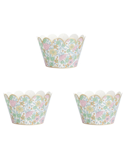 Habillages moules à cupcake shabby à fleurs liberty pour fête pastel et doré