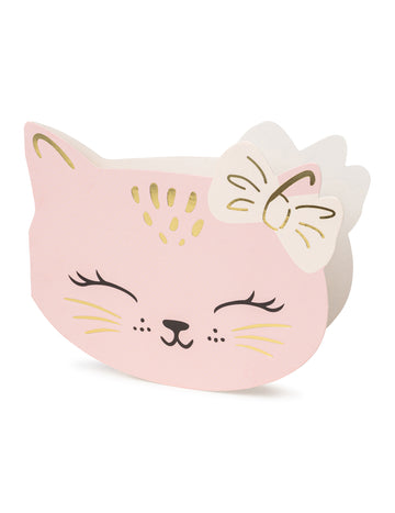 Invitations chatons pour anniversaire roses avec dorures et nœud blanc