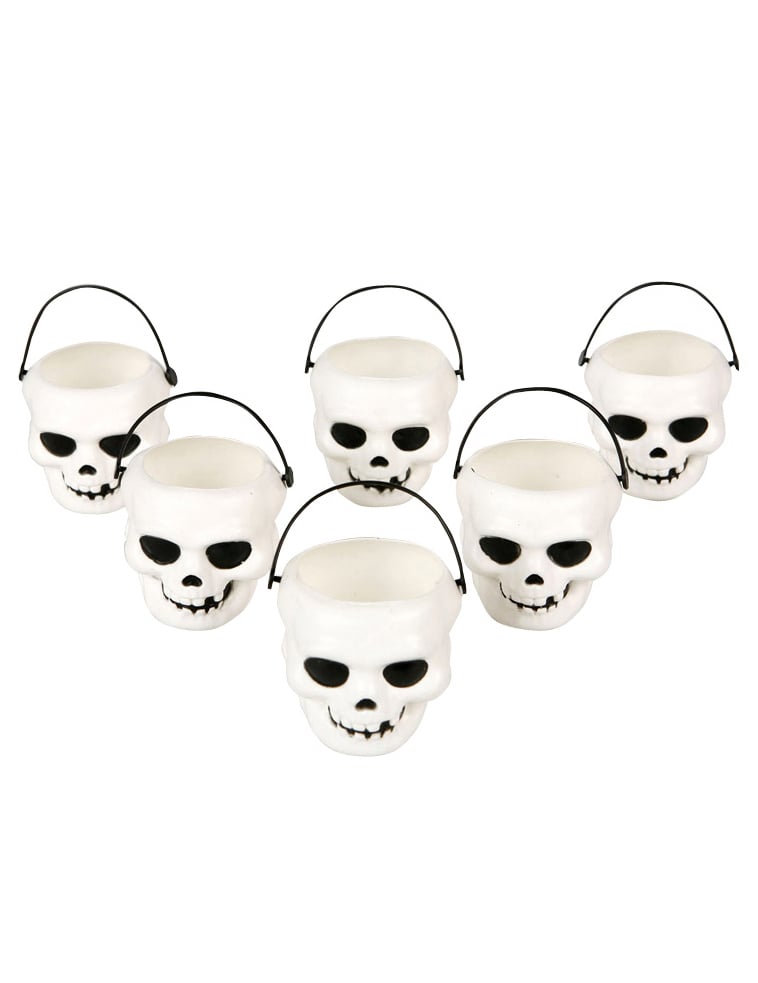 6 Mini seaux tête de mort pour Halloween blancs avec anse noire