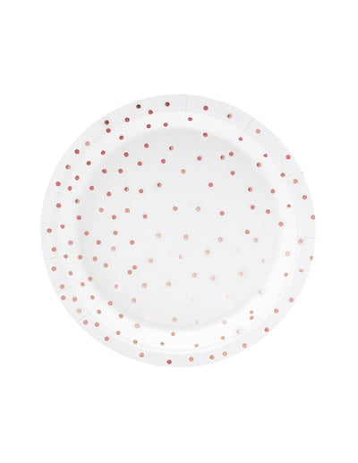 Assiettes en carton à pois pour table blanches et rose gold