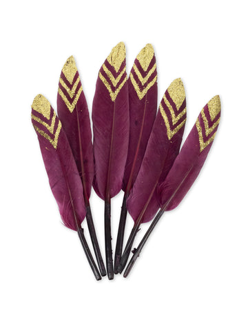 6 етнически пера в цвят марсала и златни брокатени елементи 14 cm за парти декорация 