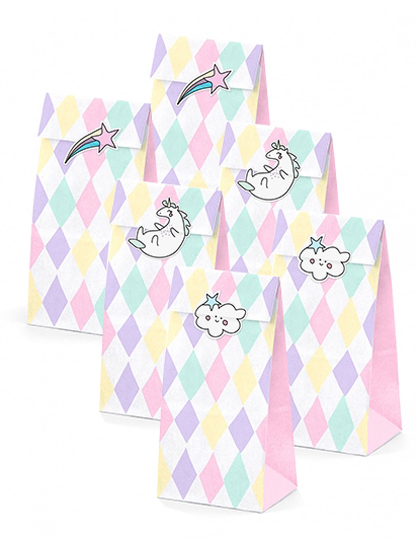 6 пастелни хартиени подаръчни торбички с еднорог, 8 x 18 x 6 cm