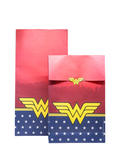 Sacs cadeaux Wonder Woman pour fête rouges et bleus avec logo et étoiles blanches