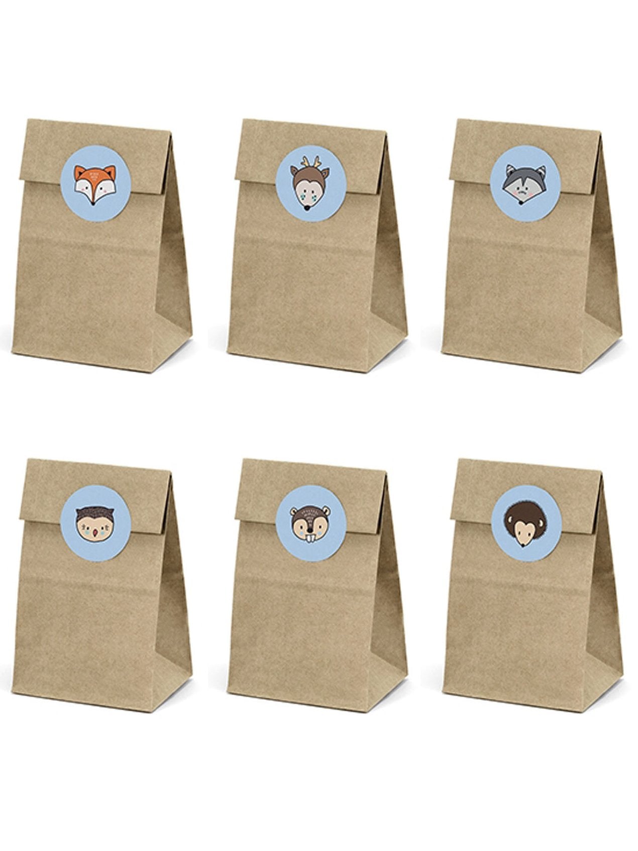 6 крафт хартиени торбички и стикери с горски животни 