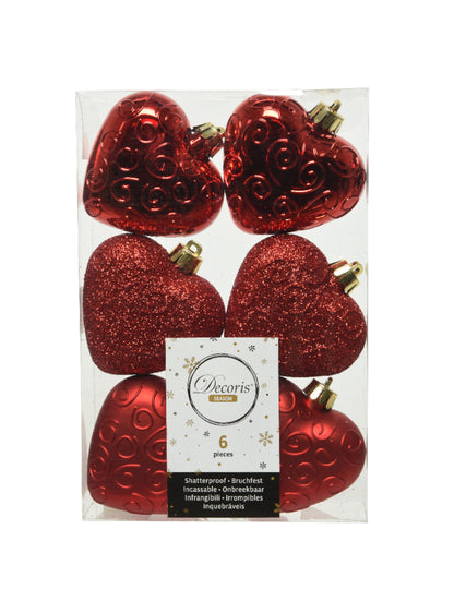 6 червени коледни украси във формата на сърце 7.5 cm матови, лъскави и блестящи