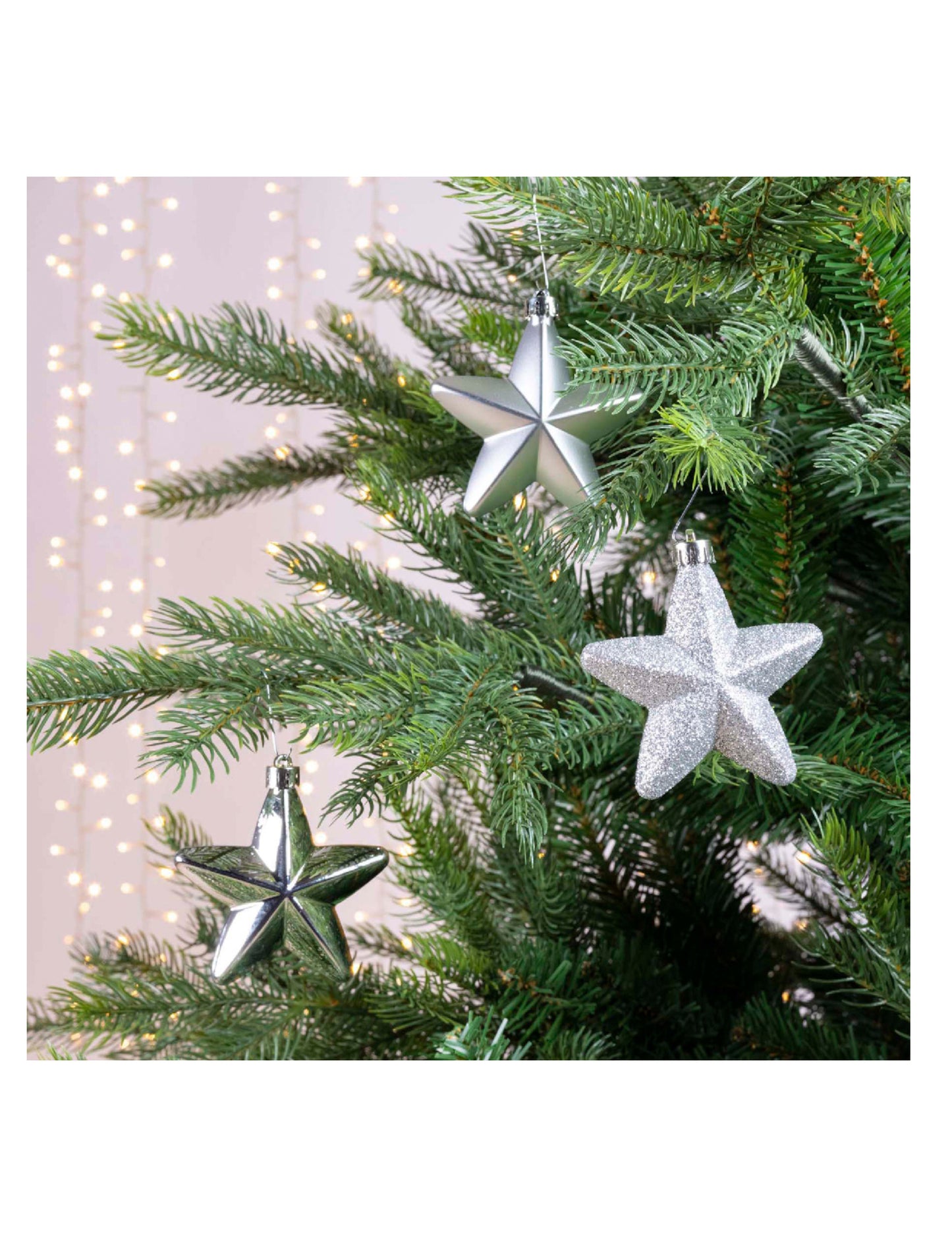6 висящи украси за елха сребърни звезди 7,5 cm 
