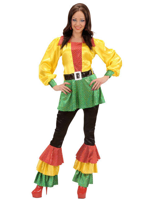 Диско сатенена рокля от 70-те с пайети в жълто-червено-зелено 