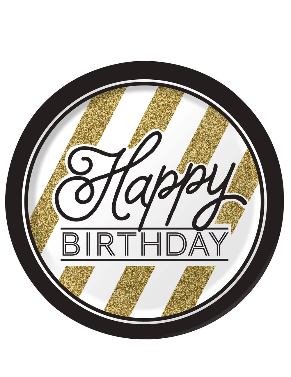 Картонени чинии Happy Birthday черен и злато с бляскави златни райета