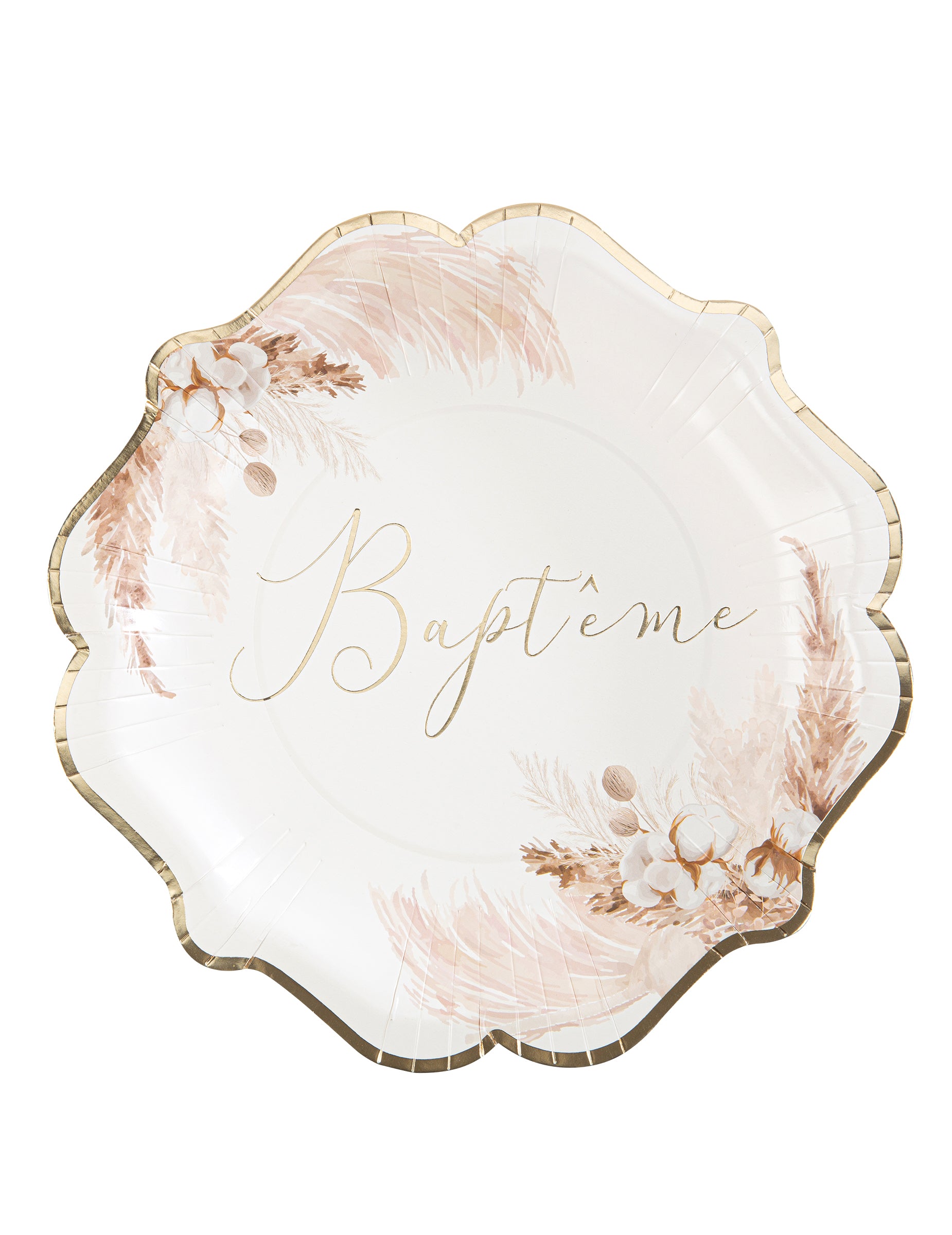Assiettes baptême pampas et fleurs de coton pour fête blanc et beige avec liseré doré