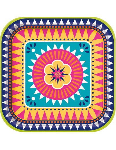 Assiettes carrées en carton boho fiesta multicolores avec motif fleur