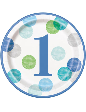 Assiettes en carton 1er anniversaire bleues et blanches à pois