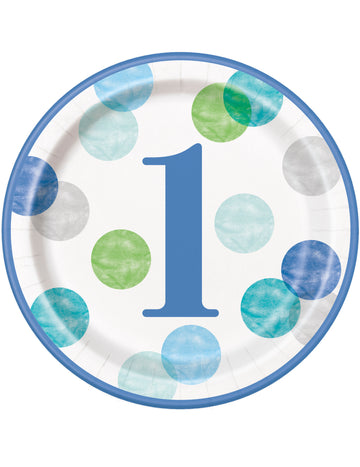8 синьо-бели хартиени чинии за първи рожден ден 23 cm точки