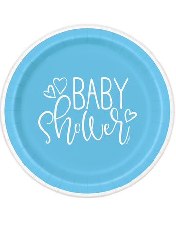 Assiettes en carton Baby Shower pour table bleues et blanches
