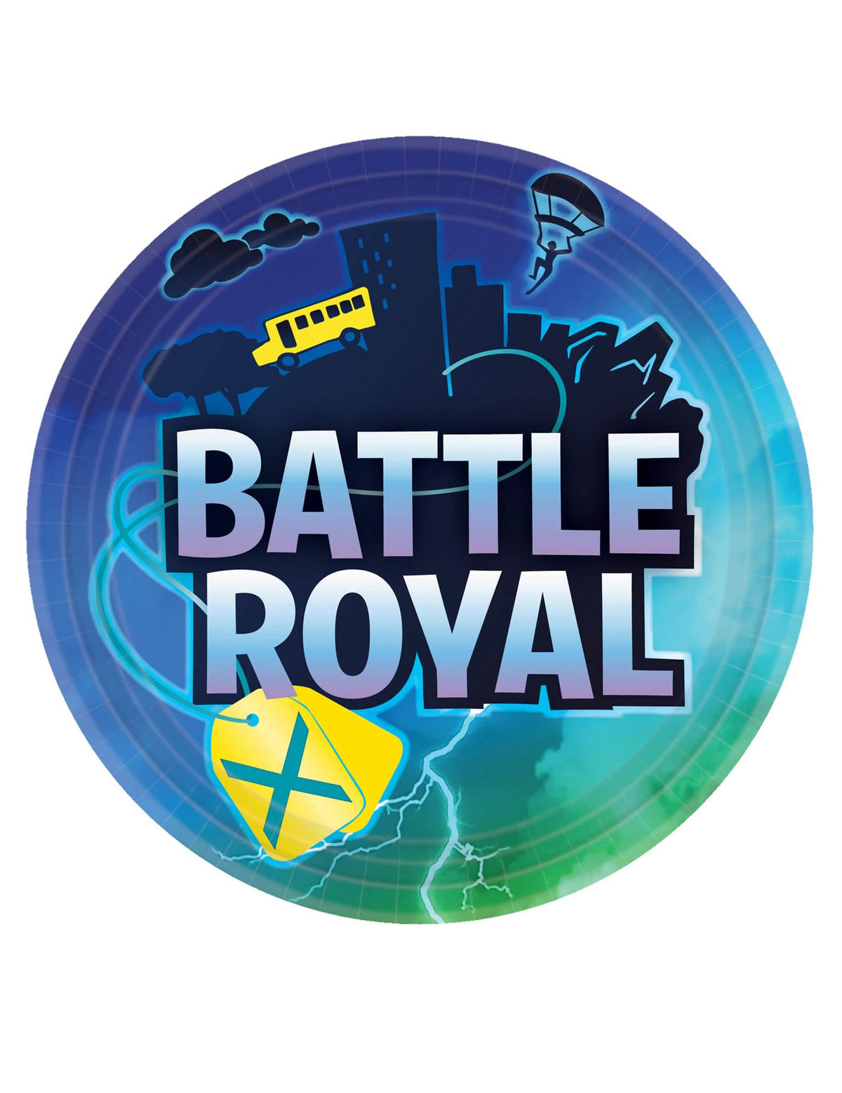 Картонени чинии Battle Royale за рожден ден син и зелен с градски декор и жълт автобус