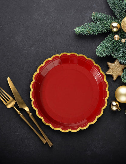 8 червени и златни картонени чинии с фестончета 23 cm за Коледа