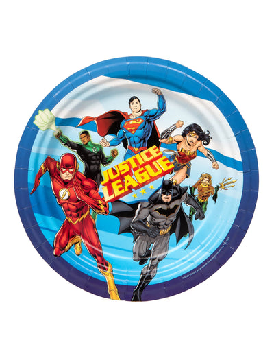 Assiettes en carton Justice League bleues et multicolores avec super-héros
