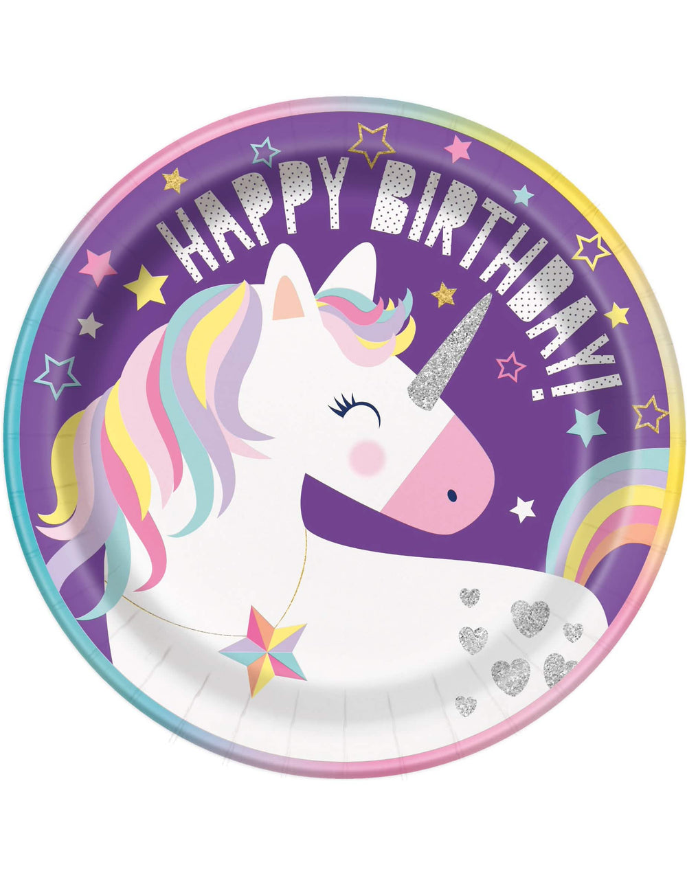Картонени чинии Happy Birthday еднорози party за рожден ден момиче лилави с блестящи детайли