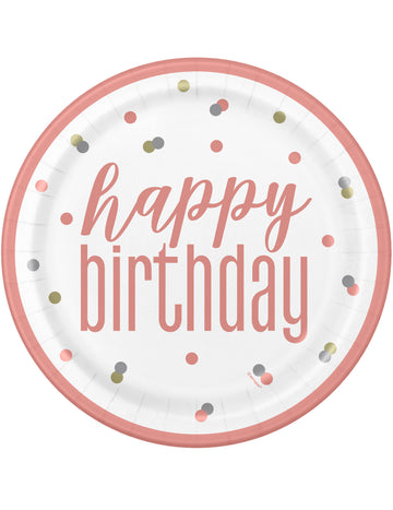 8 assiettes en carton happy birthday blanches et roses à pois 23 cm
