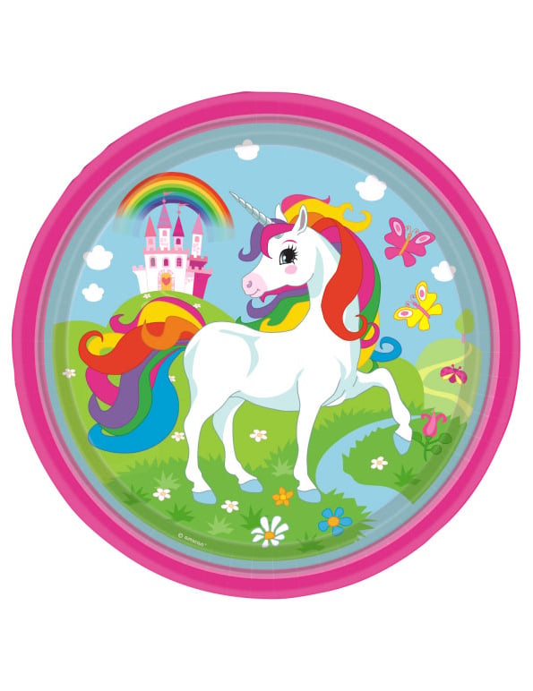Assiettes en carton Licorne arc-en-ciel pour enfant rose avec décor château