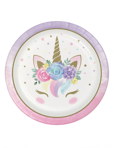 Assiettes en carton licorne féerique blanches aux motifs fleurs et corne dorée