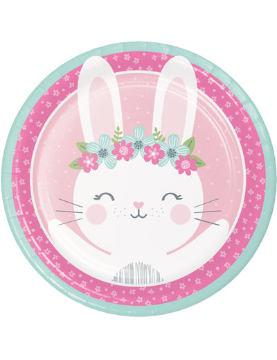 Assiettes en carton petit lapin pour anniversaire roses et vert d'eau