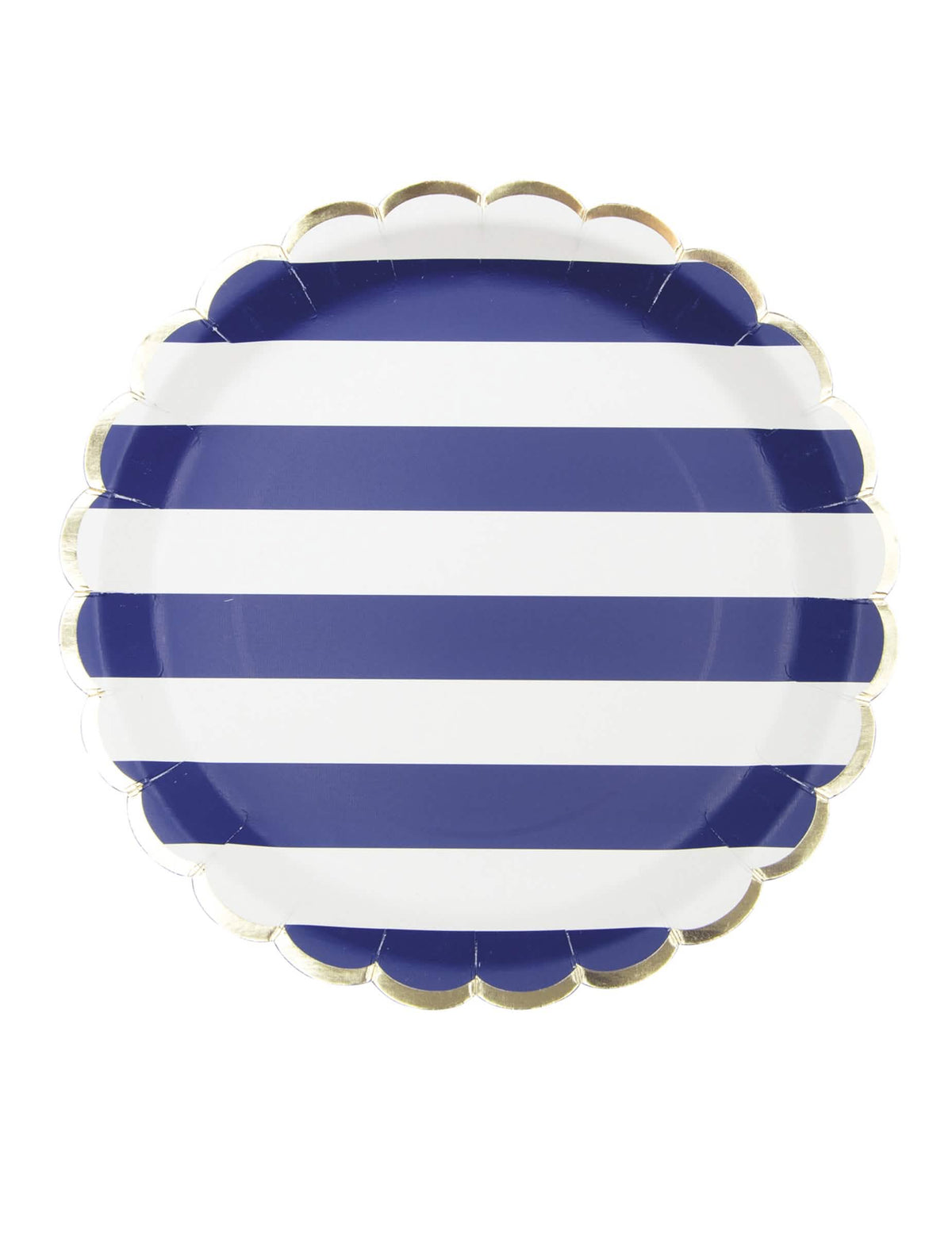 Assiettes festonnées en carton marinière pour fête bleu marine et blanc avec bord doré