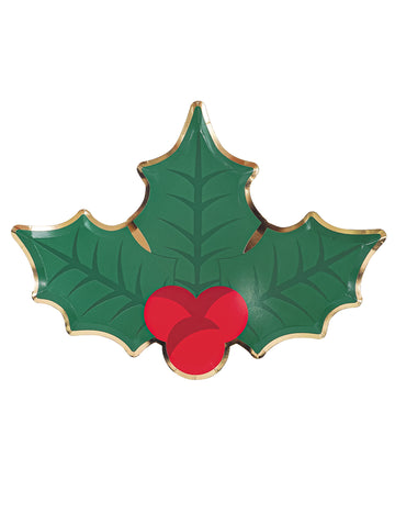 Assiettes en carton houx de Noël pour fête vert et rouge en forme de feuille avec bordure dorée