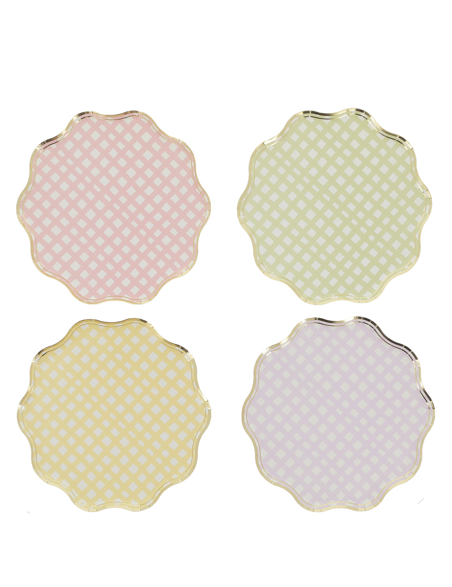 8 assiettes carton lilas, rose, jaune, vert et or 23cm festonnées à carreaux pastel