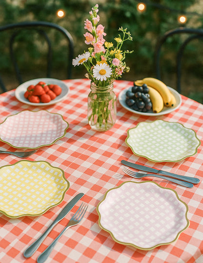 8 assiettes carton lilas, rose, jaune, vert et or 23cm festonnées à carreaux pastel