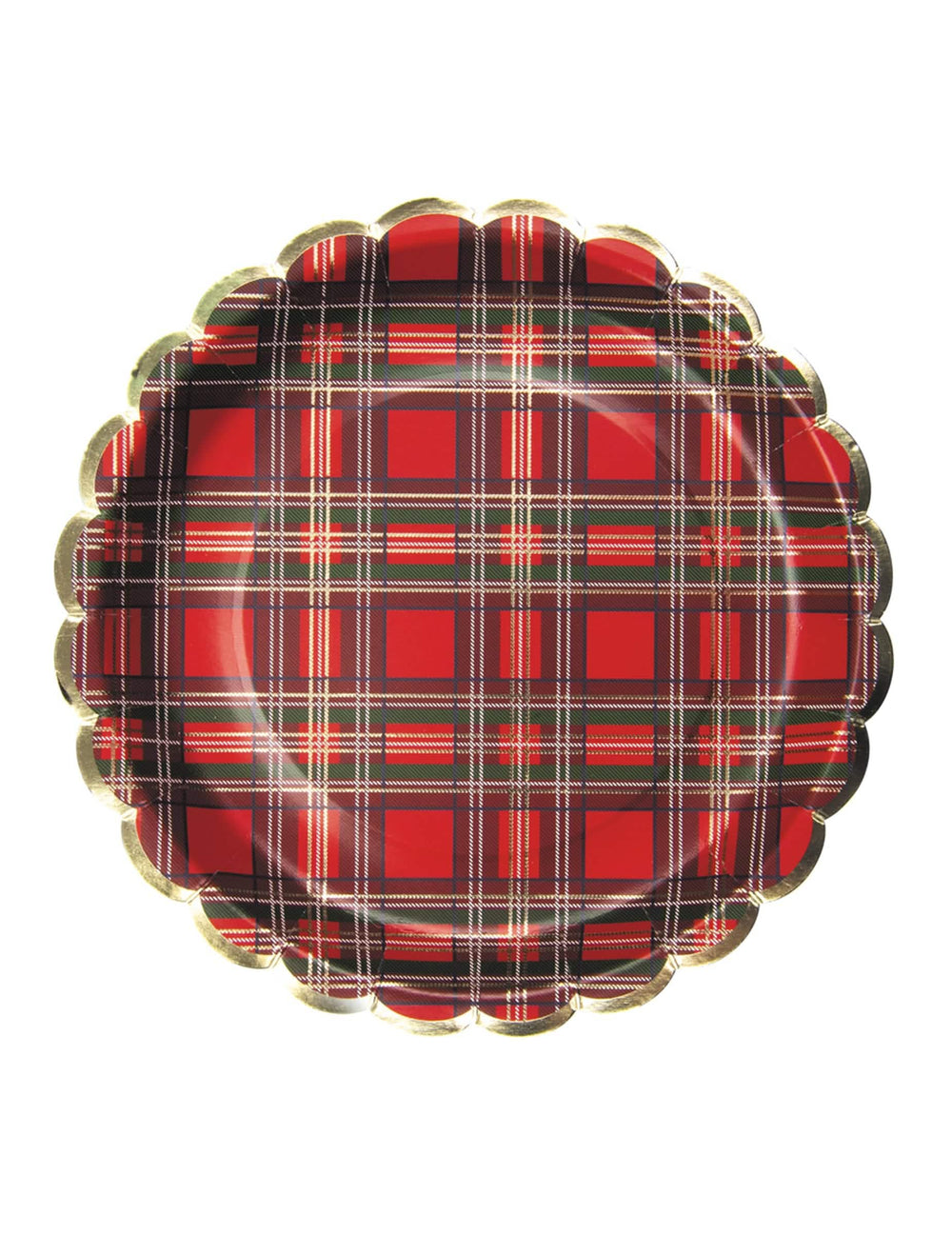 Assiettes festonnées en carton tartan de Noël pour table rouge et bordure dorée