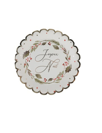 Assiettes Joyeux Noël tradi chic blanches avec motifs de houx et liseré doré