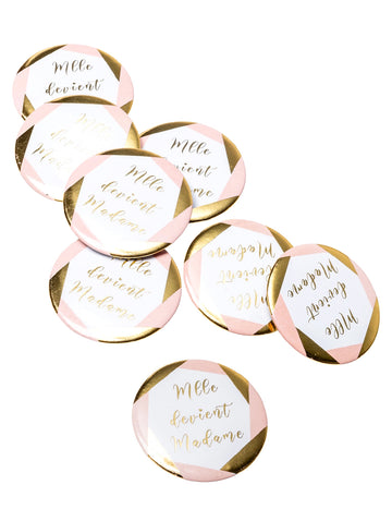 Значки „Mlle devient madame“ за моминско парти в розово и златно