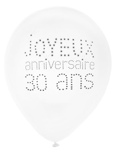 Ballons en latex 30 ans pour anniversaire chic blanc et noir