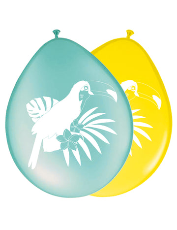 8 жълти и сини латексови балона с тукан 30 cm за тропическа декорация