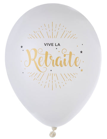 8 латексови балона, "Честито пенсиониране" бяло и метално златисто, 23 cm за декорация