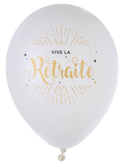 Ballons en latex Vive la retraite pour décoration blanc et or métallisé
