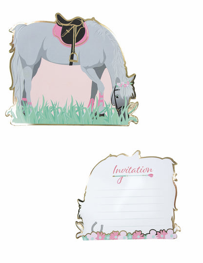 8 cartes d'invitation cheval pour anniversaire grises et roses