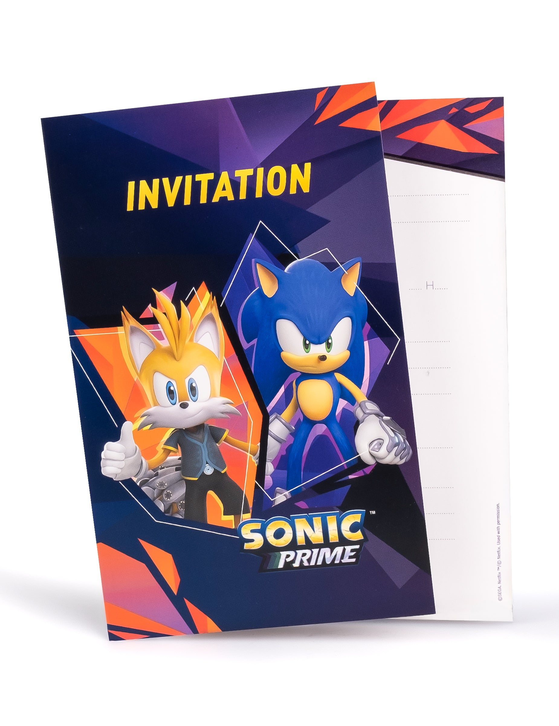 Cartes d'invitation Sonic Prime pour enfant bleues et oranges avec Sonic et Tails